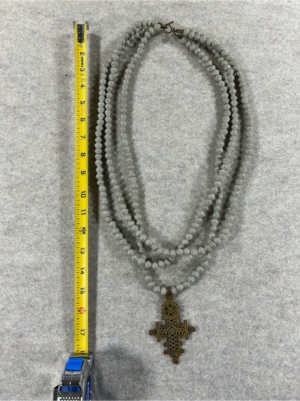 Akola Triple-Strand Gray Beaded Necklace with Bronze Cross Pendant - Picture 2 of 4
